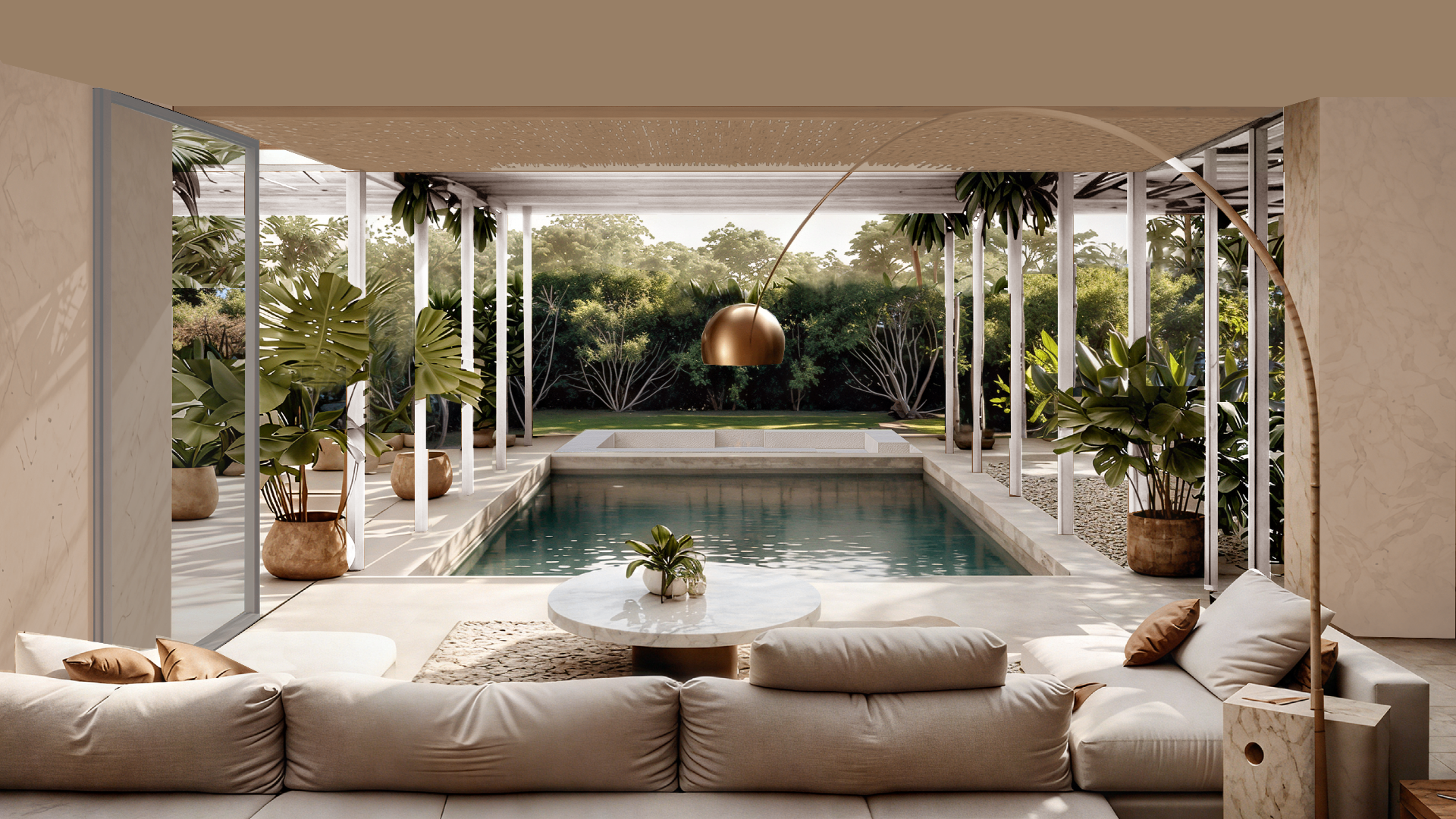 Pool lounge with pergola and tropical garden view
